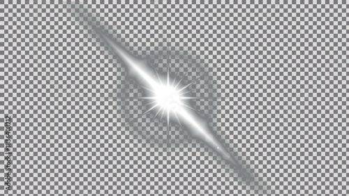 Intense pure white lens flare effect with sharp diagonal light beam and brilliant starburst center, bright ethereal illumination element on transparent PNG background.