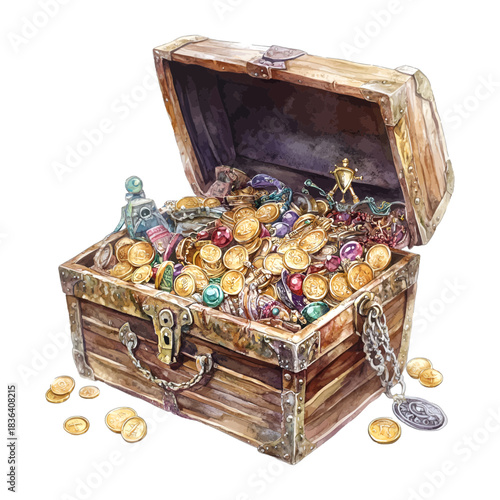 Open Wooden Pirate Treasure Chest Clipart with Gold Coins and Jewels

