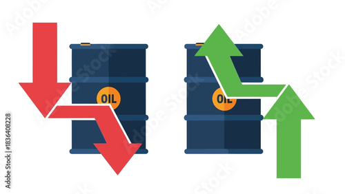 Oil barrel with downward red arrow and upward green arrow