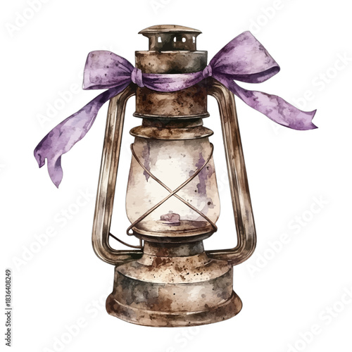 Vintage Rusty Kerosene Oil Lantern Watercolor Clipart with Purple Ribbons

