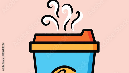 Steaming Hot Coffee Cup with Orange Lid and Blue Body.