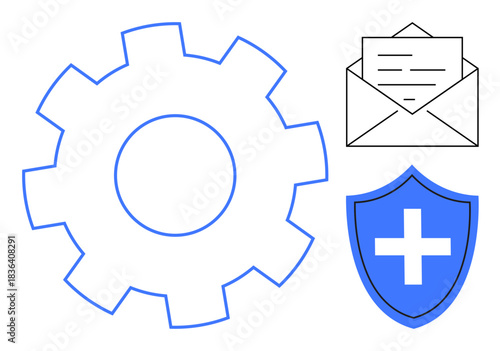 Data security, communication systems, process optimization, secure technology, digital services, system management. Large gear, envelope blue shield with cross. Data security and communication