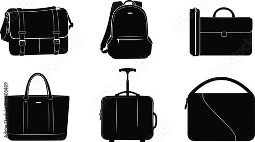 Collection of modern bag silhouettes, including backpack, messenger bag, briefcase, tote, luggage and laptop sleeve icons, perfect for branding, illustration, design