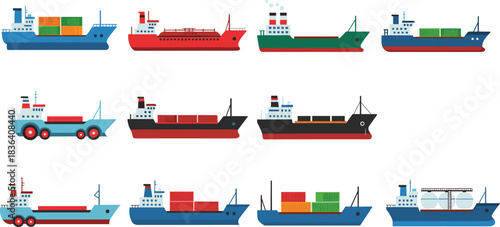 Cargo ship vector collection featuring colorful container vessels, tanker boats, freight carriers and marine transport ships for global shipping, logistics, export import illustrations