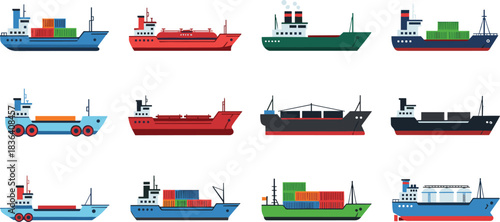 Colorful cargo ship vector collection featuring container vessels, tanker boats and freight ships for global shipping, maritime logistics, transportation and ocean trade illustrations