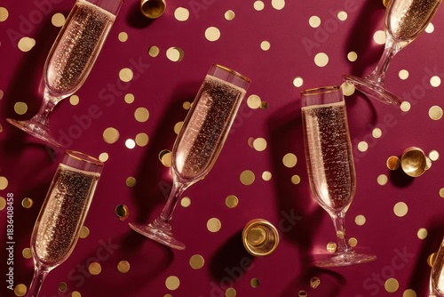 Aerial view of champagne flutes and gold confetti on a maroon background