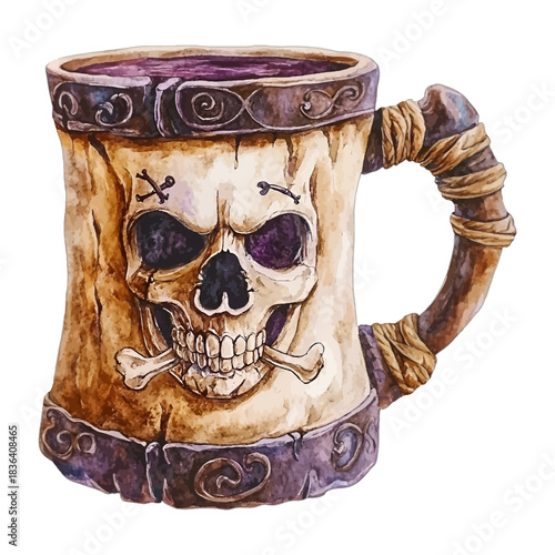 Detailed Watercolor Vintage Medieval Viking Skull Beer Tankard Mug Illustration