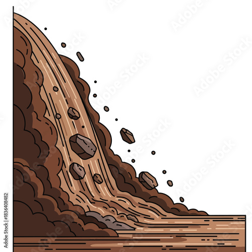 Illustration of a powerful mudslide with brown earth and rocks flowing down a steep slope.