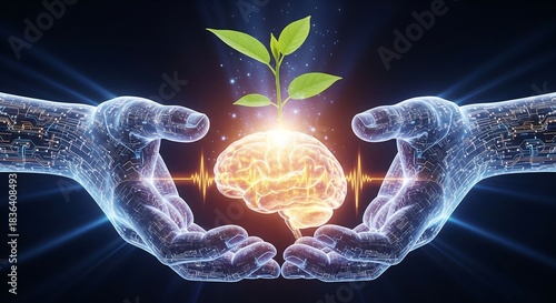 Digital hands nurturing a glowing brain with a growing plant