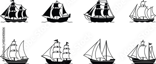 Set of classic sailing ship silhouettes, vintage sailboat icons, maritime fleet collection, nautical vessel vector graphics for design, logo, and illustration