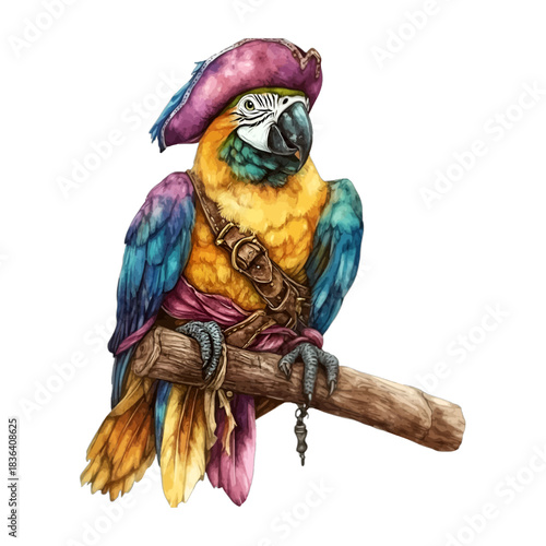 Watercolor Illustration of Colorful Pirate Macaw Parrot on Perch