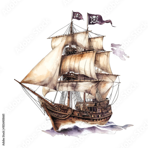 Watercolor Vintage Pirate Ship Galleon with Jolly Roger Flags Illustration Vector