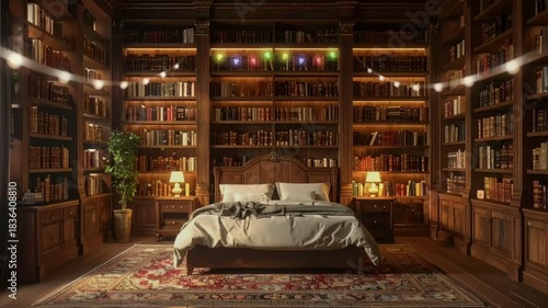 Seamless looping animation of a comfortable bedroom nestled inside a classic library. Features floor-to-ceiling wooden bookshelves, warm hanging lights, and a cozy atmosphere.

