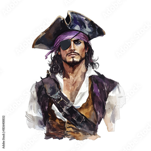 Detailed Illustration of Handsome Male Pirate Captain in Tricorn Hat with Eye Patch Vector