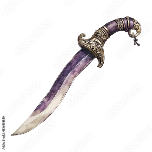 Detailed Vintage Ornate Gold and Purple Fantasy Dagger Vector Illustration
