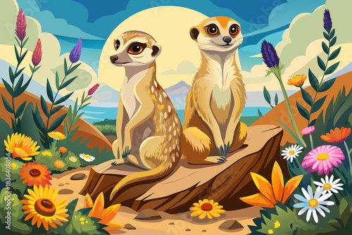vector of Two Meerkat siblings are sitting on a high top framed by wildflowers.