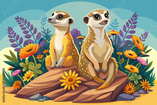 vector of Two Meerkat siblings are sitting on a high top framed by wildflowers.