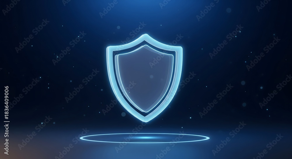 Fototapeta premium Digital security shield icon floating over a glowing platform in a dark futuristic environment representing data protection, privacy, and cybersecurity.