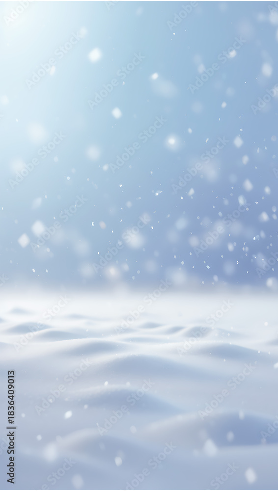 Naklejka premium peaceful snow-covered landscape with soft, rolling snow dunes. Light snowflakes gently fall through the air, creating a tranquil and serene winter atmosphere and copy space.