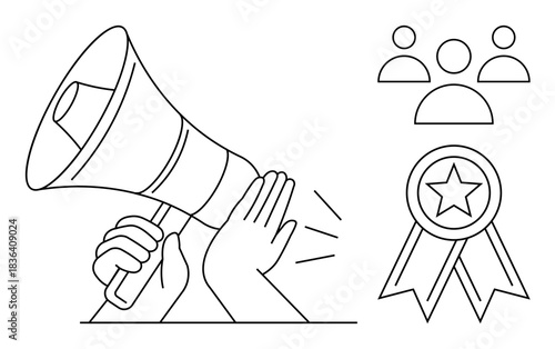 Marketing, leadership, community engagement, teamwork, public speaking, achievement. A hand holding a megaphone, group icons and an award ribbon. Communication and leadership concepts