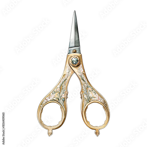 Detailed Vintage Gold Ornate Embroidery Scissors Vector Illustration