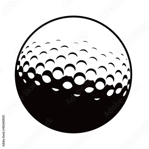 Monochromatic Vector Illustration of a Golf Ball with Dimples and High-Contrast Halftone Shading, Symbolizing Sport, Leisure, Success, and Competition