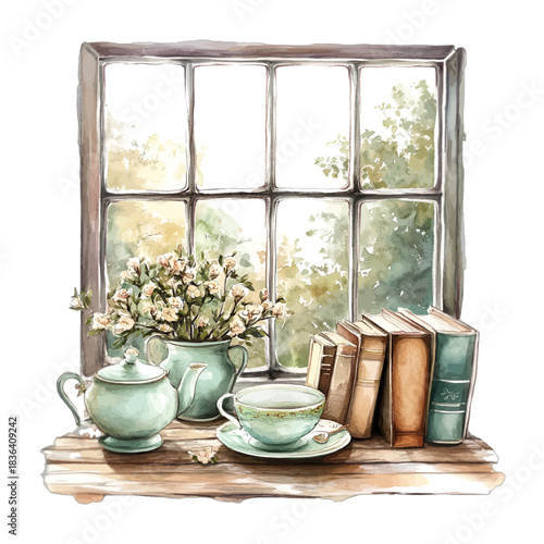 Cozy Watercolor Window Scene with Vintage Teapot Teacup and Books Illustration