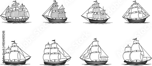 Vintage sailing ships and boats traveling across the open ocean under tall masts and wind-filled sails