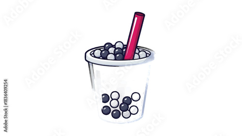 Hand drawn illustration of a bubble tea drink with tapioca pearls and a straw.