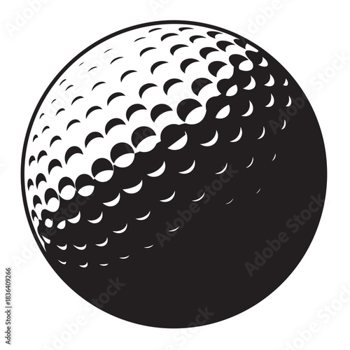 Monochromatic Vector Illustration of a Golf Ball with Dimples and High-Contrast Halftone Shading, Symbolizing Sport, Leisure, Success, and Competition