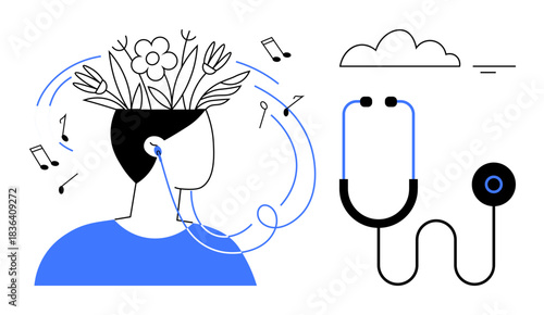 Music therapy concept. Music therapy integrating sound for healing and mental wellness. Music therapy promoting relaxation, mindfulness, and health. For wellness, healing, mental health, healthcare