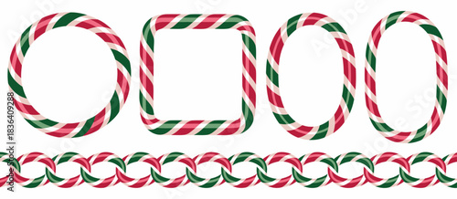 Candy Cane Border Set, Square Circle Oval Christmas Frames, Striped Lollipop Vector