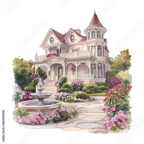 Watercolor Victorian Style House with Garden and Fountain Vector Illustration