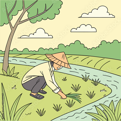 Cartoon person harvests crop near riverbank, wearing a conical hat in a scenic rural setting