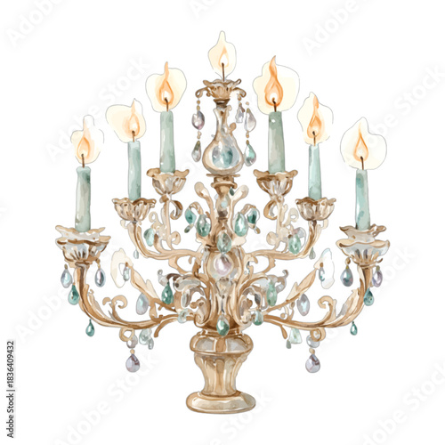 Watercolor Vintage Ornate Gold Chandelier with Candles and Crystals Vector Illustration