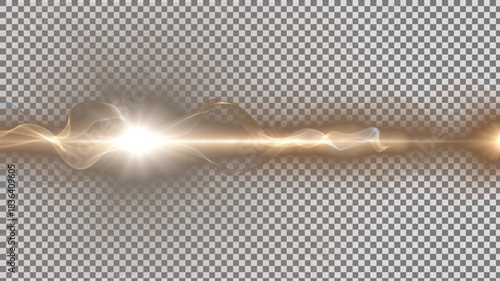 Detailed horizontal warm golden lens flare effect with bright central starburst, ethereal streaking light, and swirling optical artifacts on transparent PNG background.