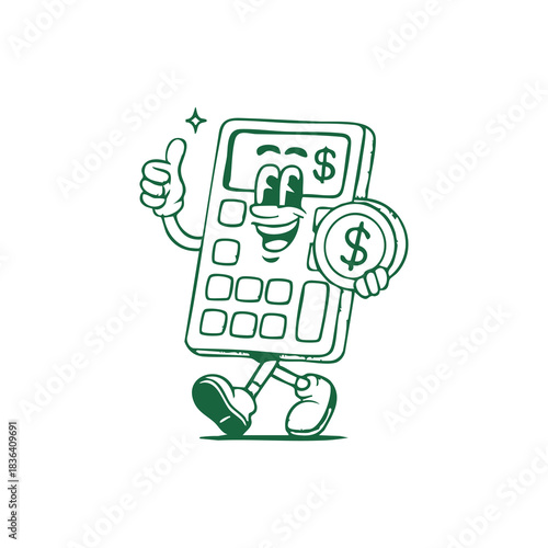 Smiling Calculator Character with Dollar Sign and Coin