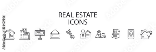 real estate icons set collection outline and Flat Style,transparent background