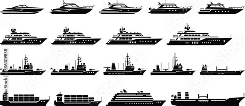 Collection of detailed boat, yacht, cruise ship, cargo vessel, and marine transport silhouettes, high-quality vector icons for nautical design, illustration