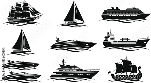 Collection of marine silhouette vessels including sailboats, yachts, cruise ship, cargo ship, Viking boat and nautical wave elements for vector design