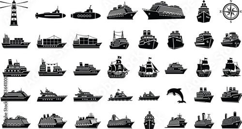 Marine silhouette vector set featuring ships, cruise liners, cargo vessels, submarines, lighthouse, sailboats, pirate ships, yacht icons and nautical elements