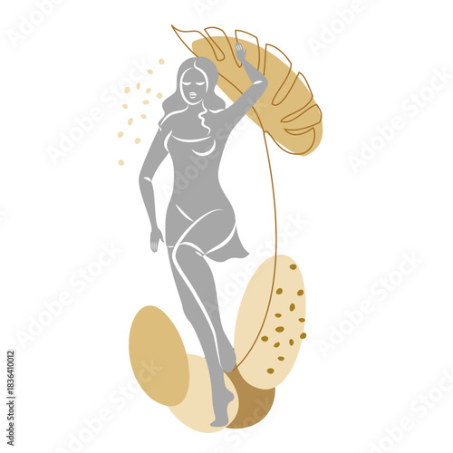 Silhouette of a cute lady and leaves of a plant. The girl is standing. The woman has a beautiful figure. She is young and slim. Vector illustration.
