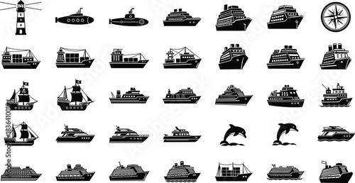 Nautical vector set featuring cruise ships, cargo vessels, submarines, lighthouse, pirate ship, dolphin, compass and marine icons in black silhouette style