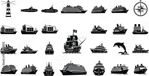 Nautical vector set featuring cruise ships, cargo vessels, submarines, lighthouse, pirate ship, dolphin, compass and marine icons in black silhouette style