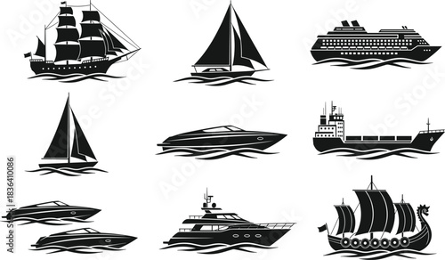 Set of marine vessel silhouettes including sailboats, yachts, cruise ship, cargo ship and Viking boat with ocean wave elements for vector design