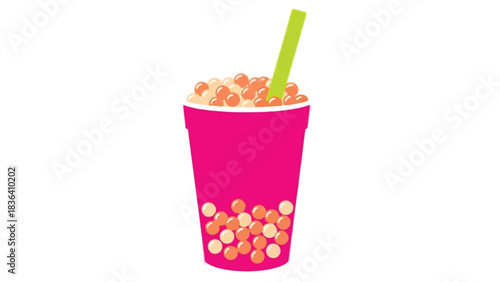 Pink Bubble Tea Drink with Tapioca Pearls and Straw.
