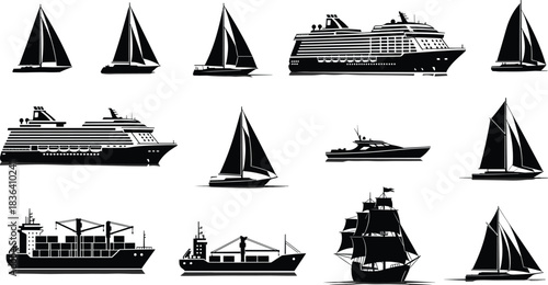 Silhouette collection of sailboats, cruise ships, cargo vessels, yachts and vintage ships in black white vector style for marine transport illustrations