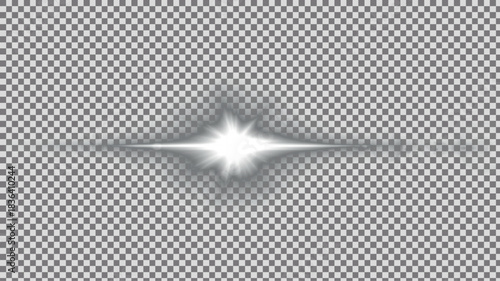 Sharp brilliant white horizontal lens flare effect with diamond starburst center and intense light streak, clean abstract illumination design element on transparent PNG background.