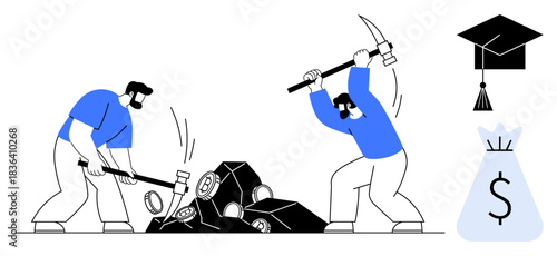 Two figures use pickaxes and magnifying glass to mine resources symbols of graduation cap and money bag represent education and financial growth. Ideal for mining, education, finance, hard work