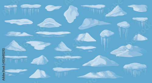 Cartoon Christmas Snow and Ice Caps with Icicles and Snowdrift Vector Elements